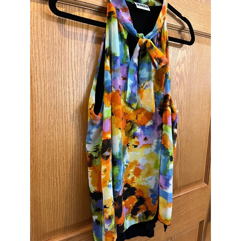 Halter Neck Sleeveless Layered Neck Tie Front Floral Vibrant Abstract Artsy Lg
